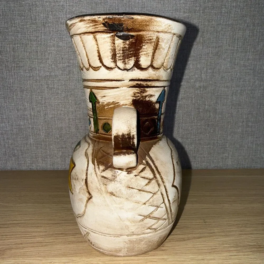 Vintage MM Enterprises Amphora Sand Colored Hand Painted Vase Made Japan Aztec